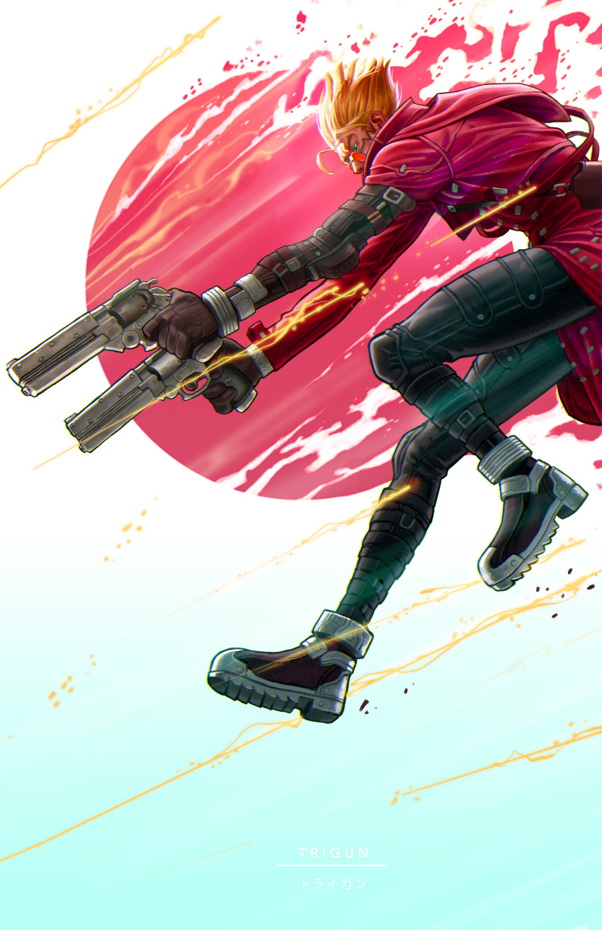 1boy absurdres aiming aqua_eyes black_gloves black_pants blonde_hair boots coat cowboy_shot cowboy_western dual_wielding earrings elbow_pads gloves grin gun high_collar highres holding holding_gun holding_weapon jewelry knee_pads koteriink long_coat looking_at_viewer male_focus pants profile red_coat revolver science_fiction smile spiky_hair sunglasses torn_clothes torn_coat trigun vash_the_stampede weapon white_background