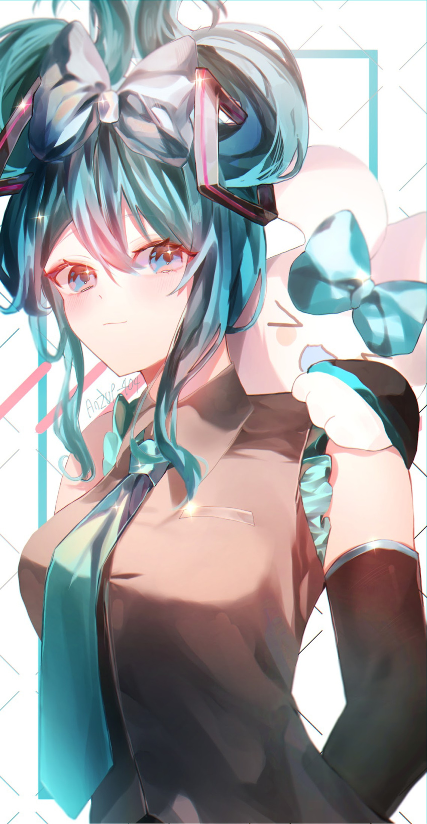 &gt;_&lt; 1girl anzup_404 bare_shoulders blue_bow blue_eyes blue_hair blue_necktie blush bow detached_sleeves grey_bow hair_up hand_on_another's_shoulder hatsune_miku highres light_smile necktie rabbit sparkling_eyes vocaloid watermark