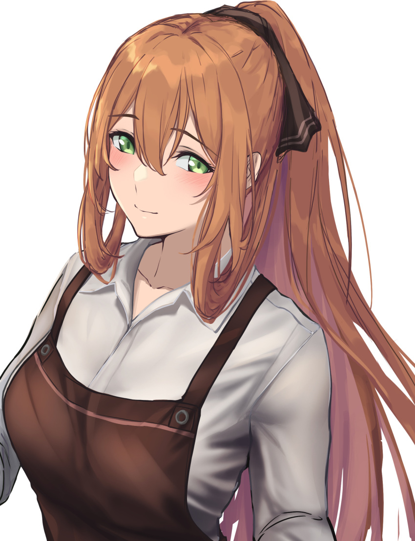 1girl 3_small_spiders apron breasts brown_apron brown_hair collared_shirt from_above girls_frontline green_eyes hair_between_eyes hair_ribbon hair_rings high_ponytail highres large_breasts long_hair ponytail ribbon shirt sidelocks springfield_(girls'_frontline) white_background white_shirt
