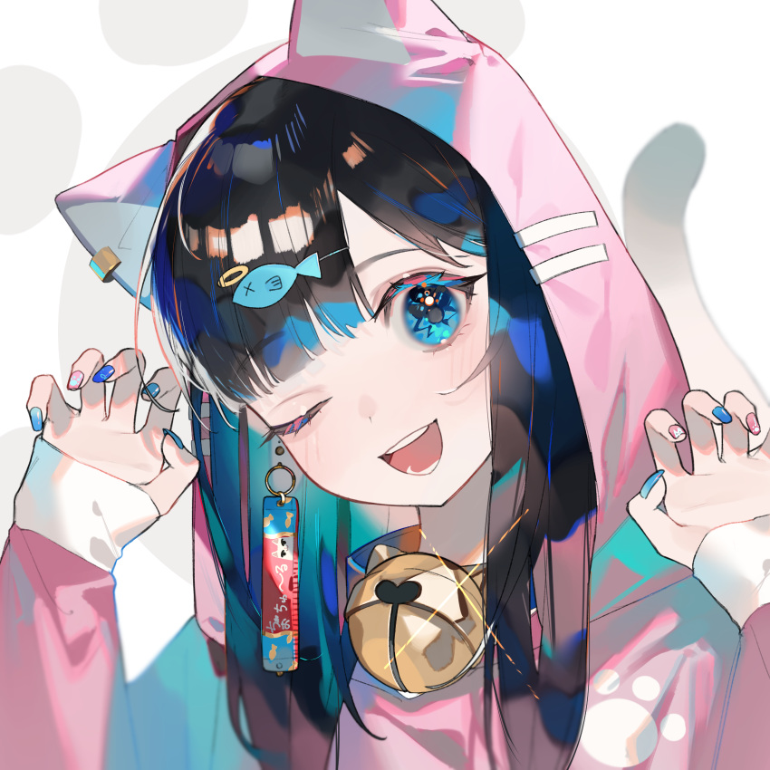 1girl animal_ears bangs bell black_hair blue_eyes blue_nails cat_ears cat_girl cat_tail close-up commentary earrings fish_hair_ornament hair_ornament hands_up highres hood hood_up hoodie jewelry jingle_bell long_hair long_sleeves looking_at_viewer multicolored_nails nail_art nail_polish neck_bell one_eye_closed open_mouth original parted_bangs paw_pose pink_hoodie pink_nails portrait shiny shiny_hair smile solo tail teeth translation_request upper_teeth white_background zumi_(neronero126)