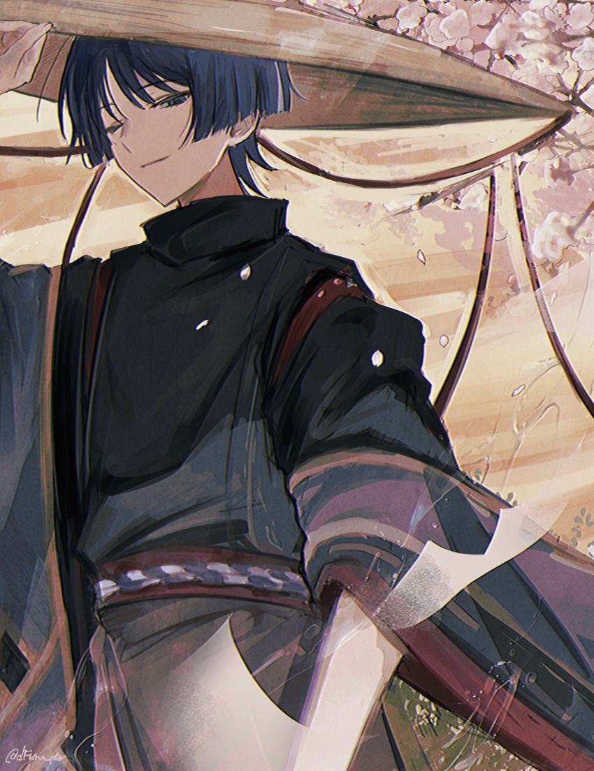 1boy absurdres adjusting_clothes adjusting_headwear arm_up artist_name bangs black_hair black_kimono blue_eyes blunt_ends branch brown_headwear cherry_blossoms closed_mouth dfuma_pqr flower genshin_impact hat highres japanese_clothes jingasa kimono kuronushi_(genshin_impact) long_sleeves looking_at_viewer male_focus one_eye_closed parted_bangs pink_flower red_ribbon ribbon rope scaramouche_(genshin_impact) short_hair sidelocks smile smirk solo standing twitter_username upper_body wide_sleeves