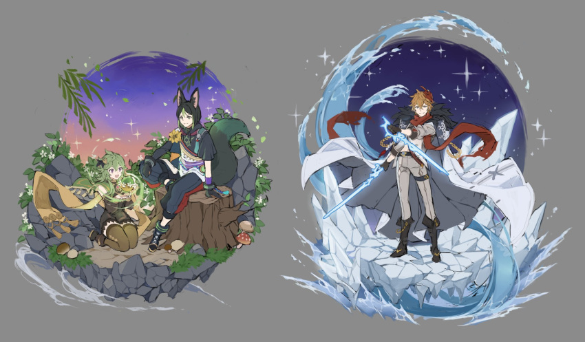 1girl 2boys animal_ears black_hair boots coat coat_on_shoulders collei_(genshin_impact) commentary dual_wielding flower fur-trimmed_coat fur_trim genshin_impact gloves green_hair grey_background hair_between_eyes hair_ornament highres holding holding_weapon ice jacket leaf mask mask_on_head multicolored_hair multiple_boys mushroom open_mouth orange_hair pants papajay_(jennygin2) red_mask red_scarf scarf simple_background sitting sparkle standing symbol-only_commentary tail tartaglia_(genshin_impact) thigh-highs tighnari_(genshin_impact) tree_stump weapon yellow_flower