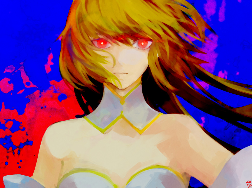 1girl abstract_background arcueid_brunestud bare_shoulders blonde_hair bright_pupils closed_mouth dated flaming_eyes glowing glowing_eyes hair_between_eyes highres long_hair looking_at_viewer melty_blood moedredd red_eyes signature solo tsukihime type-moon upper_body white_pupils wind