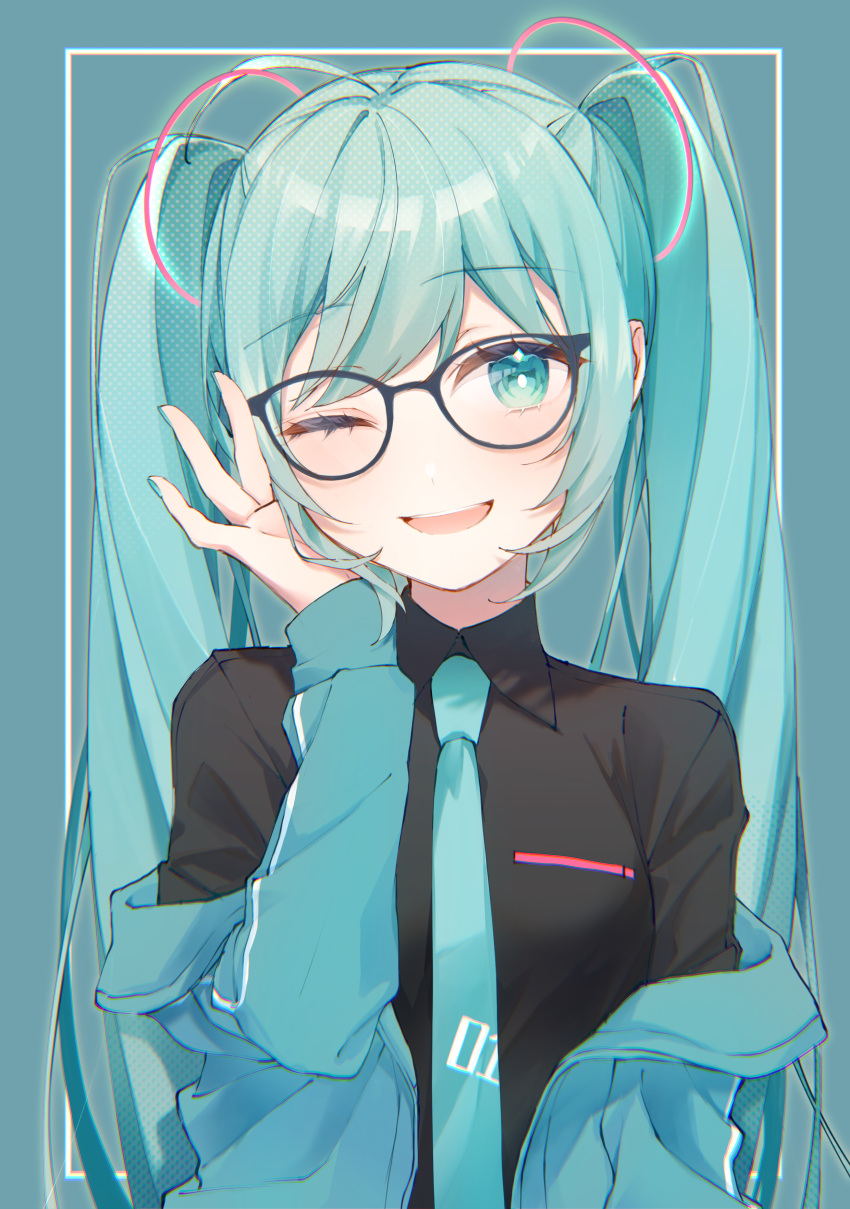 1girl absurdres adjusting_eyewear alternate_costume aqua_background aqua_eyes aqua_hair aqua_jacket aqua_necktie bangs bespectacled black-framed_eyewear black_shirt breasts bright_pupils collared_shirt dithering drawing_kanon dress_shirt glasses hatsune_miku head_tilt highres jacket long_hair looking_at_viewer medium_breasts necktie one_eye_closed open_clothes open_jacket open_mouth shirt simple_background smile solo straight-on swept_bangs twintails upper_body very_long_hair vocaloid wing_collar