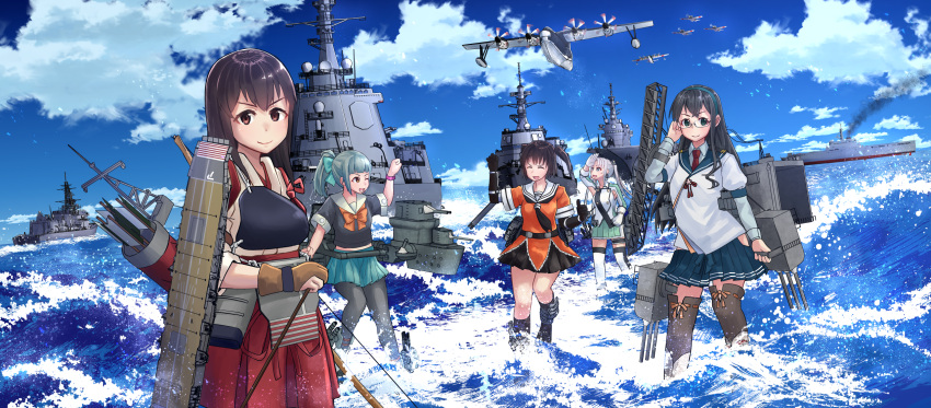 5girls ahoge aircraft aircraft_request airplane akagi_(kancolle) akitsushima_(kancolle) apron arrow_(projectile) black_gloves black_hair black_pantyhose black_shirt black_skirt blue_sailor_collar blue_skirt blue_sky bow bow_(weapon) bowtie brown_gloves closed_eyes clouds commentary_request day flight_deck glasses gloves green_hairband green_skirt grey_hair grey_sailor_collar hahaha hairband hakama hakama_short_skirt hakama_skirt highres japanese_clothes kantai_collection long_hair machinery midriff military military_uniform multiple_girls muneate necktie ooyodo_(kancolle) orange_bow orange_bowtie orange_serafuku orange_shirt outdoors pantyhose partially_fingerless_gloves pleated_skirt quiver red_hakama red_necktie sailor_collar school_uniform sendai_(kancolle) serafuku ship shirt side_ponytail single_glove skirt sky straight_hair thigh-highs two_side_up uniform water watercraft waves weapon white_thighhighs yugake yuubari_(kancolle)