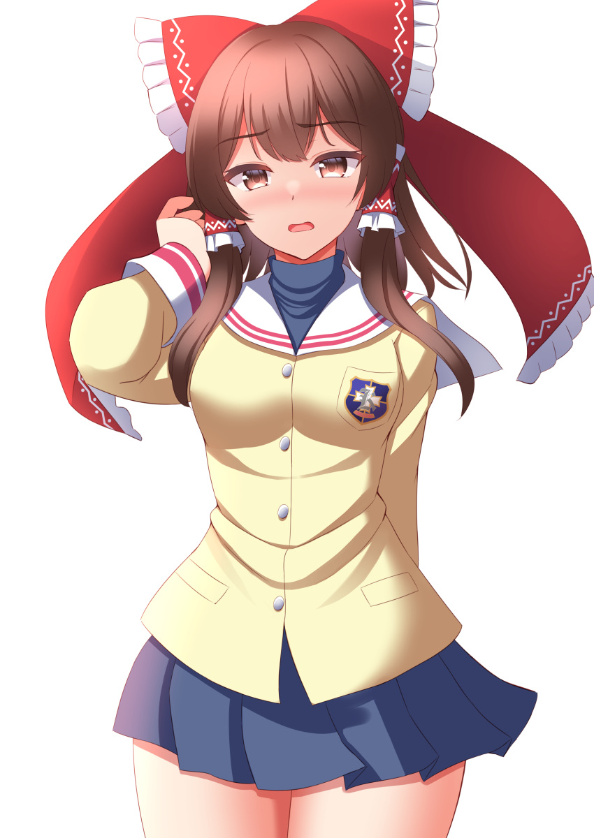 1girl absurdres blue_skirt bow brown_eyes brown_hair clannad commentary_request cosplay hair_bow hair_tubes hakurei_reimu highres hikarizaka_private_high_school_uniform long_hair long_sleeves looking_at_viewer open_mouth pleated_skirt red_bow sailor_collar school_uniform simple_background skirt solo thighs tokyo_yamane touhou turtleneck white_background white_sailor_collar