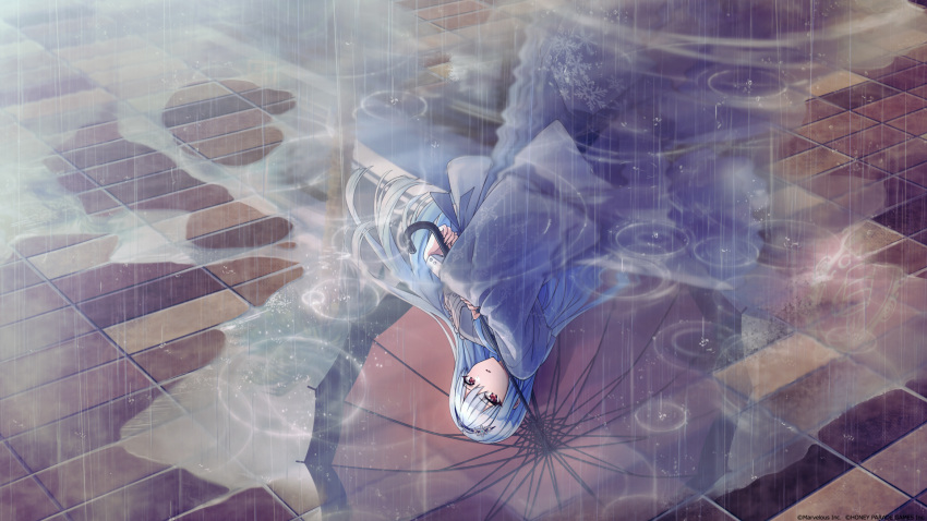 1girl blue_hair brick_floor dolphin_wave game_cg highres holding holding_umbrella long_hair looking_at_viewer looking_down nayuki_hiori official_art puddle rain red_eyes reflection solo tagme umbrella