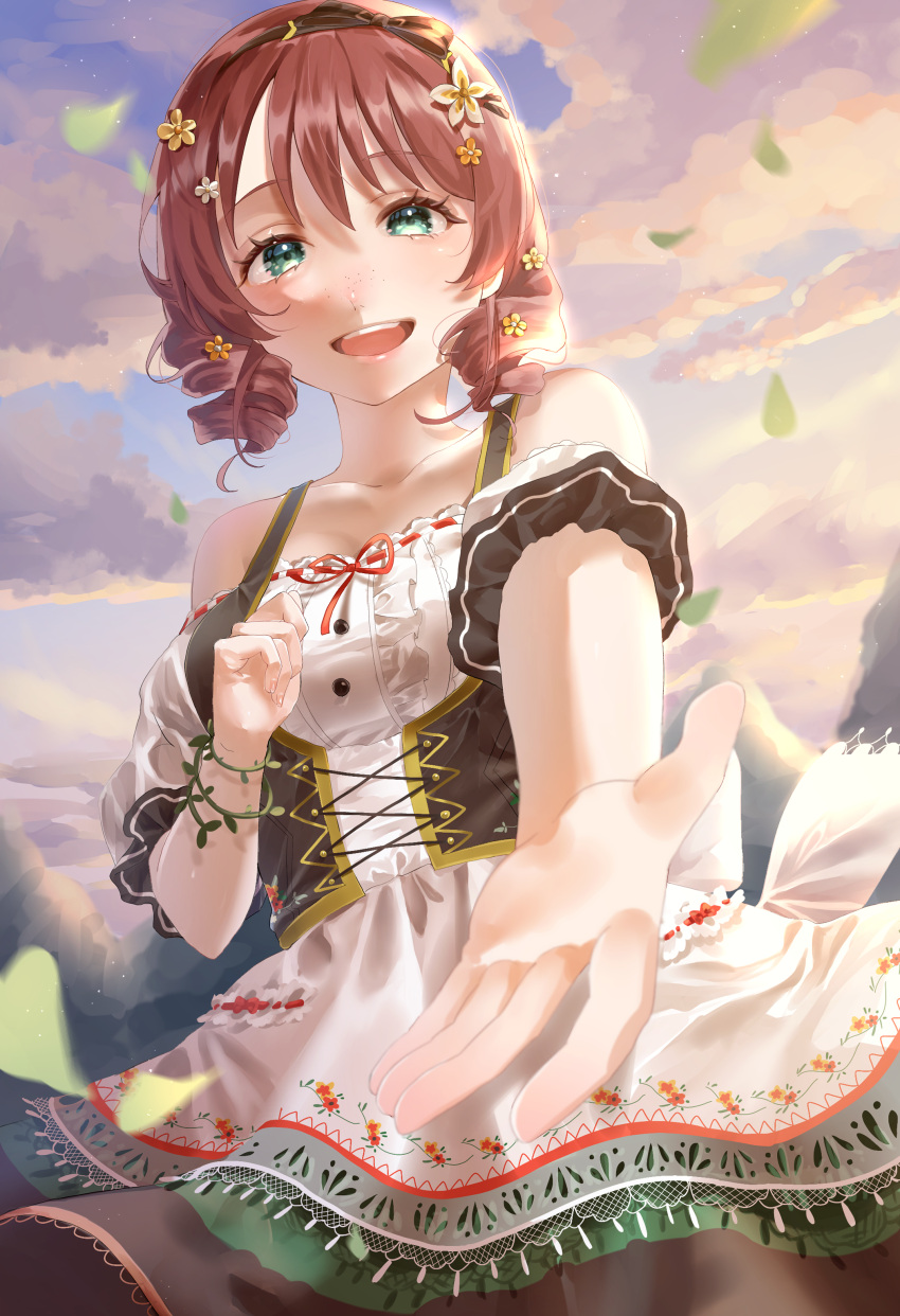 1girl :d absurdres bangs black_ribbon brown_hair clouds commentary cross-laced_clothes curled_fingers dirndl dress emma_verde evergreen_(love_live!) falling_leaves flower foreshortening freckles german_clothes green_eyes hair_flower hair_ornament hair_ribbon hand_up happy highres leaf looking_at_viewer love_live! love_live!_nijigasaki_high_school_idol_club love_live!_school_idol_festival_all_stars medium_dress open_hand outdoors outstretched_arm outstretched_hand ponpon_rabbit ribbon ribbon-trimmed_dress ringlets short_hair short_sleeves sidelighting smile solo sunset teeth upper_teeth white_dress