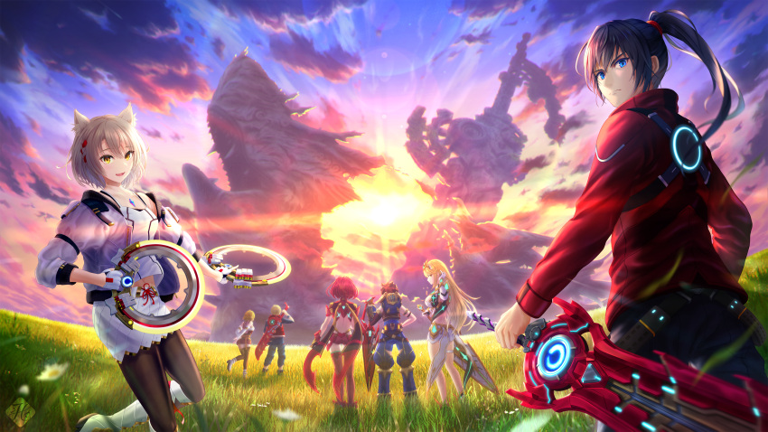 3boys 4girls absurdres aegis_sword_(xenoblade) black_hair blonde_hair boots brown_hair chakram chest_jewel diving_helmet dual_wielding fingerless_gloves fiora_(xenoblade) from_behind gloves grey_hair hanegaito helmet highres holding holding_sword holding_weapon jacket looking_back mio_(xenoblade) monado multiple_boys multiple_girls mythra_(xenoblade) noah_(xenoblade) pantyhose ponytail pyra_(xenoblade) red_jacket redhead reverse_grip rex_(xenoblade) shorts shulk_(xenoblade) sunset sword thigh-highs weapon weapon_on_back white_jacket wind xenoblade_chronicles_(series) xenoblade_chronicles_1 xenoblade_chronicles_2 xenoblade_chronicles_3