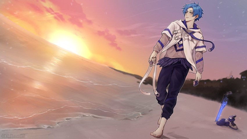 1boy barefoot beach belt black_pants blue_hair blue_necktie boots boots_removed commentary curtained_hair dutch_angle english_commentary feather_trim full_body green_eyes grey_shirt gunblade highres holding holding_belt holostars holostars_english hood hood_down hoodie horizon kawaii_tentacle long_sleeves looking_afar looking_to_the_side male_focus necktie ocean official_art pants parted_lips planted planted_sword print_shirt regis_altare shirt short_hair solo sunset sword virtual_youtuber walking weapon white_belt white_footwear white_hoodie
