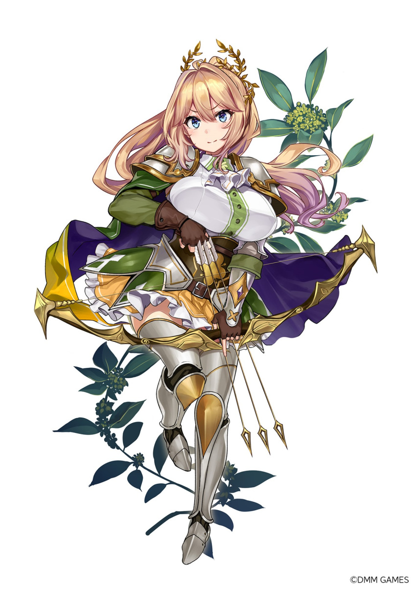 1girl armor arrow_(projectile) blonde_hair blue_eyes bow breasts cape dress fingerless_gloves flower_knight_girl gloves greaves highres large_breasts long_hair pauldrons shiokonbu shoulder_armor solo thigh-highs