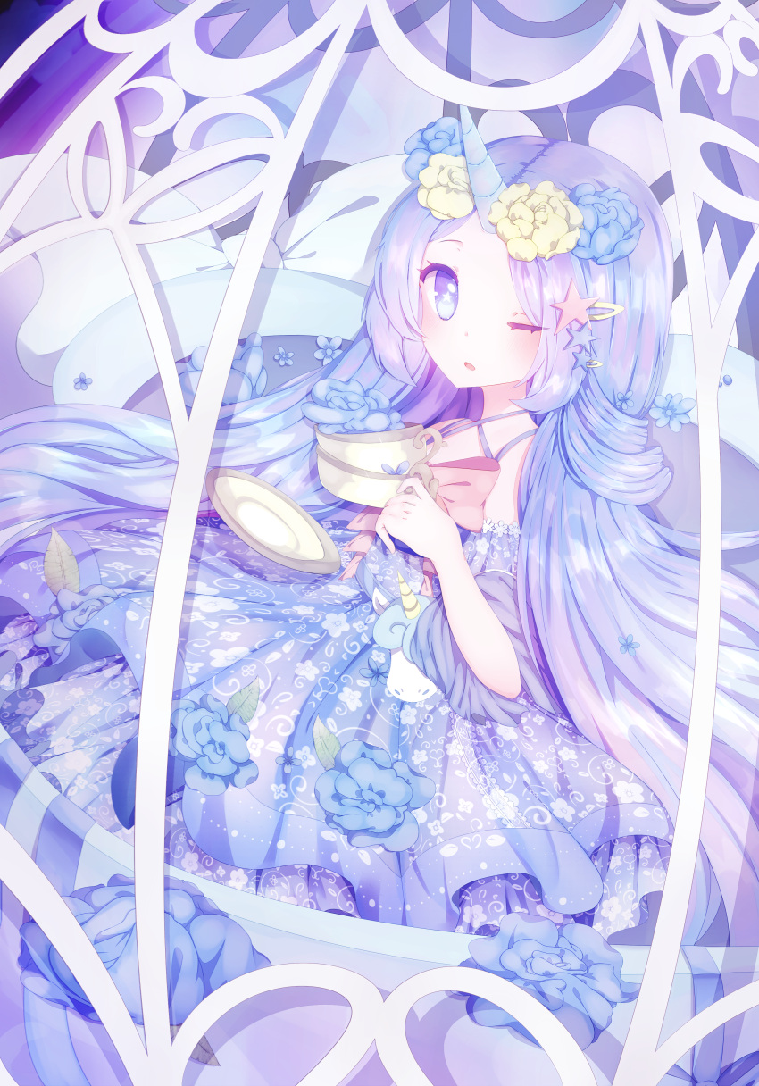 1girl absurdres blue_dress blue_hair bow cage cocoppa_play cup dress floral_print flower frilled_dress frills hair_flower hair_ornament hairclip highres horns in_cage one_eye_closed original pillow single_horn solo star_(symbol) star_hair_ornament teacup unicorn unicorn_girl violet_eyes