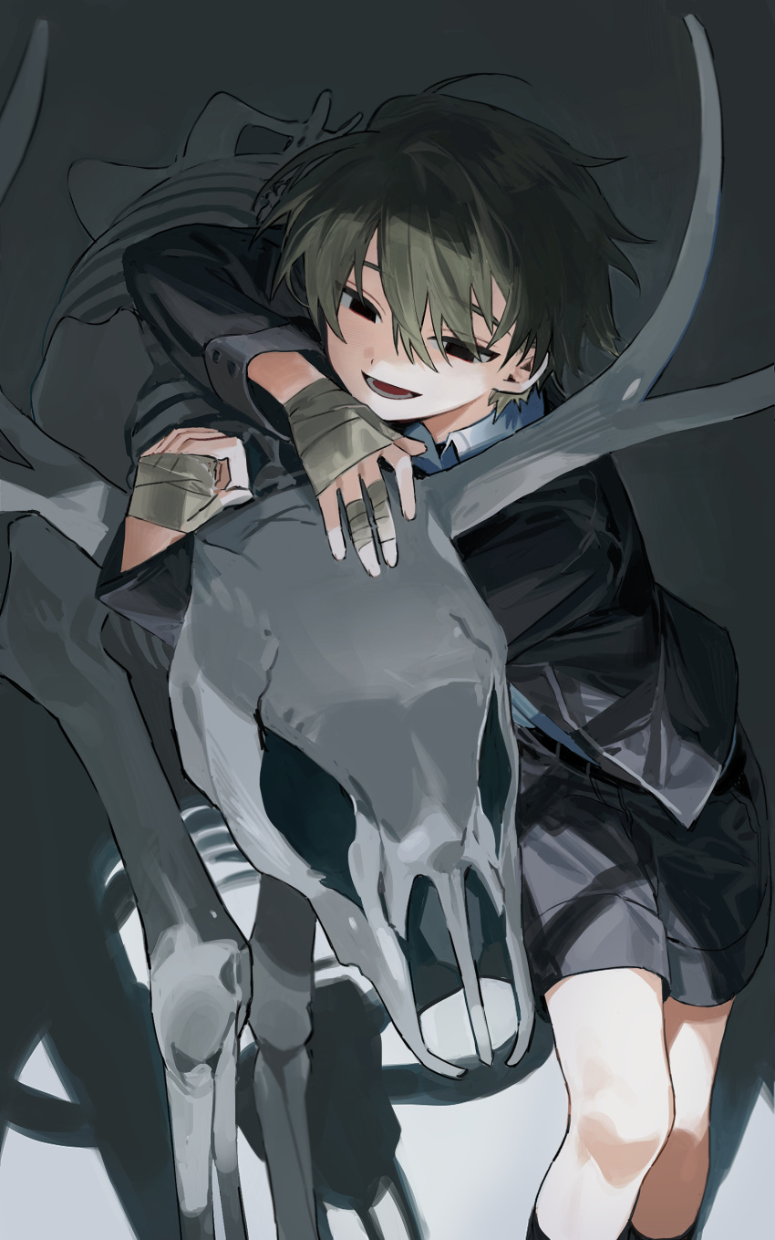 1boy absurdres animal_skull antlers black_eyes black_jacket black_shorts brown_hair collared_shirt copyright_request feet_out_of_frame hair_between_eyes highres jacket open_mouth seeshin_see shadow shirt short_hair shorts smile solo white_shirt