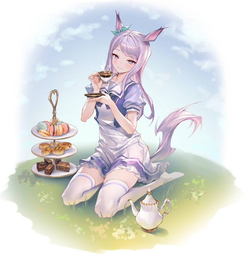 1girl absurdres animal_ears bangs biscuit_(bread) blush closed_mouth cup food full_body grass highres holding holding_cup holding_saucer horse_ears horse_girl horse_tail lilithmy long_hair macaron mejiro_mcqueen_(umamusume) no_shoes outdoors purple_hair purple_shirt sailor_collar saucer shirt sitting skirt steam tail teacup teapot thigh-highs tiered_tray umamusume violet_eyes white_skirt white_thighhighs yokozuwari zettai_ryouiki