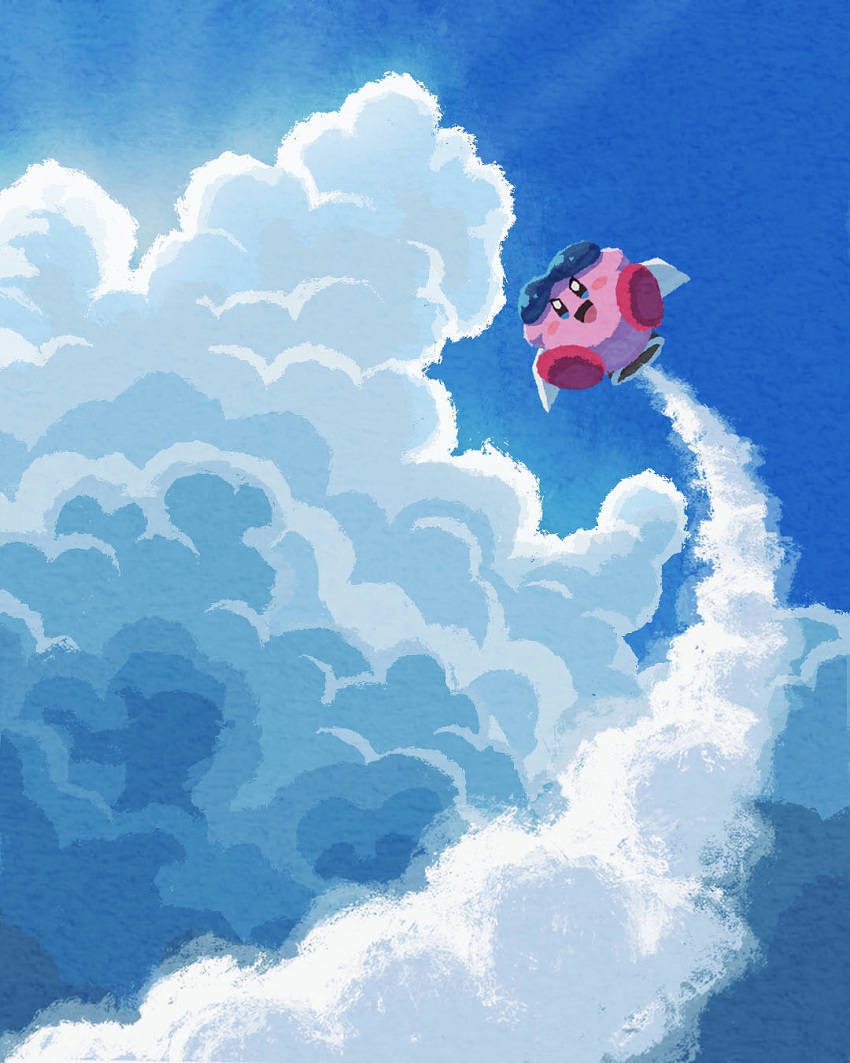 clouds cloudy_sky day excited fantasy flying frown goggles highres kirby kirby_(series) miclot open_mouth outdoors outstretched_arms rocket sky smile solo sparkling_eyes spread_arms sunlight tongue