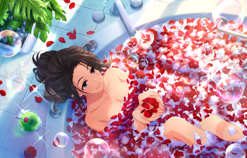 black_eyes black_hair idolmaster_cinderella_girls_starlight_stage long_hair onsen smile takahashi_reiko