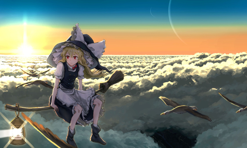 1girl apron bird black_footwear black_skirt black_vest blonde_hair boots bow broom broom_riding buttons closed_mouth clouds commentary_request frilled_skirt frills goose harapan-kun hat highres kirisame_marisa long_hair puffy_short_sleeves puffy_sleeves red_bow red_eyes scenery shirt short_sleeves sitting skirt skirt_set sky smile socks solo touhou turtleneck vest waist_apron white_apron white_shirt white_socks witch_hat