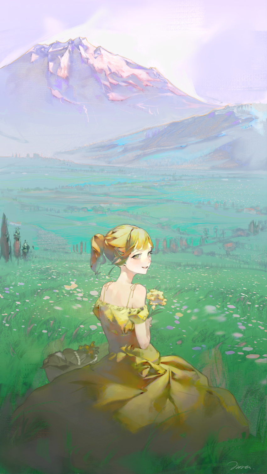 1girl bangs basket blonde_hair day dress english_commentary flower grass green_eyes head_tilt highres holding holding_flower looking_at_viewer mallllma mountain original outdoors parted_lips ponytail purple_sky scenery signature sitting sky solo yellow_dress yellow_flower