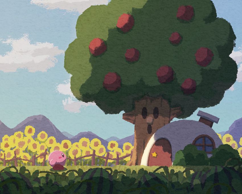 apple bush clouds cloudy_sky day fantasy field flower flower_field food fruit house kirby kirby_(series) light looking_to_the_side miclot mountain outdoors sky star_(symbol) sunflower tree watermelon whispy_woods