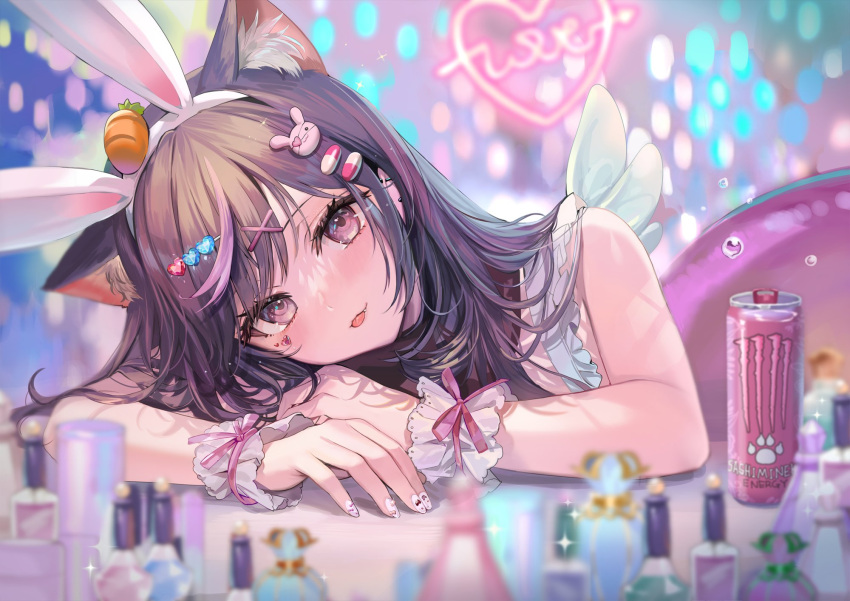 1girl :p animal_ear_fluff animal_ears bangs bare_arms blurry blurry_background blush brown_eyes brown_hair bunny_hair_ornament carrot_hair_ornament depth_of_field drink ear_piercing fang food-themed_hair_ornament frills hair_ornament head_rest heart heart_hair_ornament heart_tattoo highres long_hair looking_at_viewer makeup momoko_(momopoco) multicolored_hair nail_polish original piercing rabbit_ears sidelocks solo sparkle streaked_hair swept_bangs tattoo tongue tongue_out water_drop white_nails wings wrist_cuffs x_hair_ornament