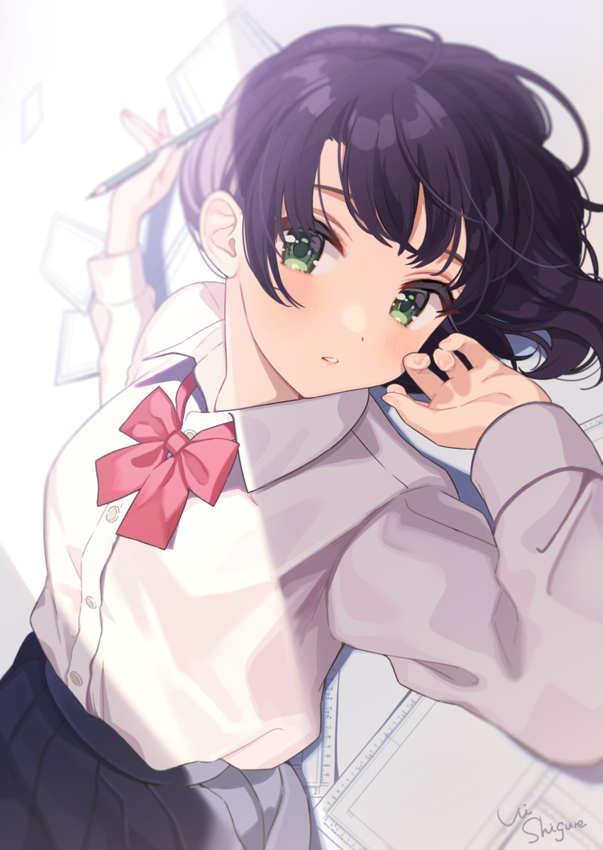 1girl artist_name bangs black_hair bow bowtie collared_shirt dress_shirt green_eyes highres long_sleeves looking_at_viewer lying on_back original parted_lips pleated_skirt red_bow red_bowtie shigure_ui shirt shirt_tucked_in short_hair skirt solo upper_body white_shirt