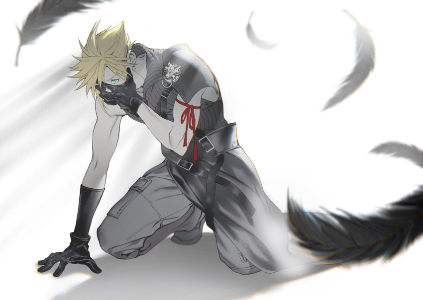 1boy aqua_eyes arm_ribbon armor black_feathers black_gloves blonde_hair boots cargo_pants cloud_strife covering_face earrings falling_feathers feathers final_fantasy final_fantasy_vii final_fantasy_vii_advent_children full_body gloves grey_pants grey_shirt hair_between_eyes high_collar highres jewelry kneeling male_focus muscular muscular_male open_collar pants red_ribbon ribbon shirt short_hair shoulder_armor shoulder_strap single_earring sleeveless sleeveless_shirt solo spiky_hair strap sweat white_background wolf xianyu314