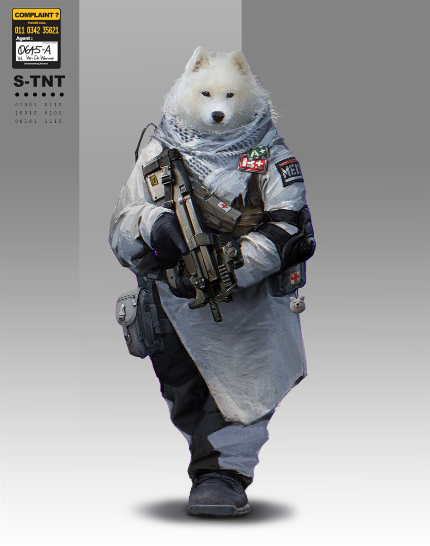 1other abstract_background absurdres ammunition_pouch baggy_pants boots bullpup charm_(object) coat commentary cross doctor dog english_commentary english_text engrish_commentary first_aid_kit full_body gradient gradient_background grey_background gun highres holding holding_gun holding_weapon long_sleeves looking_at_viewer original p90 pants personification pouch red_cross saillin samoyed_(dog) scarf shadow simple_background standing submachine_gun weapon white_background white_coat white_fur