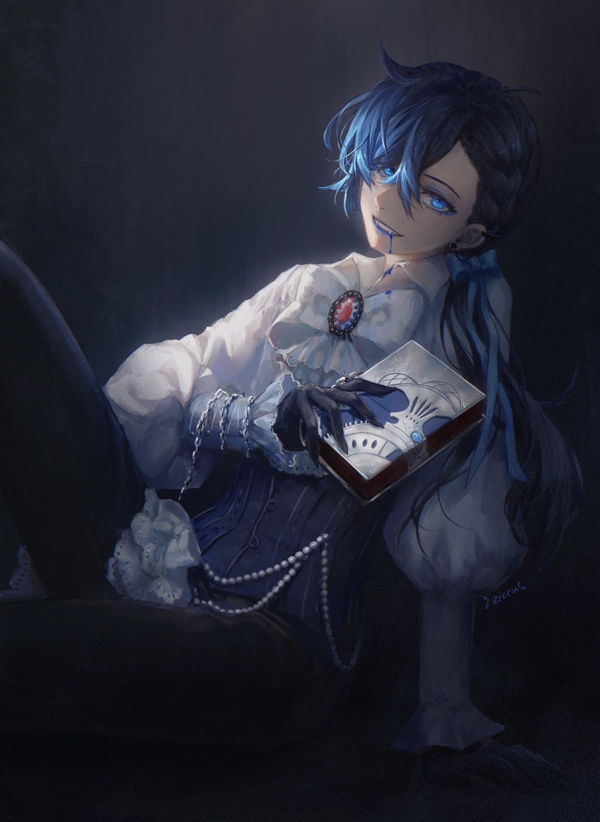 1boy 1girl arm_support black_background blood blood_from_mouth blood_on_clothes blue_blood blue_bow blue_eyes blue_hair blue_lips bow braid chain corset crossdressing ear_piercing fangs gem gloves hair_bow highres on_ground pearl_(gemstone) piercing puffy_sleeves sitting smile solo teeth vanitas_(vanitas_no_carte) vanitas_no_carte white_bow zieru