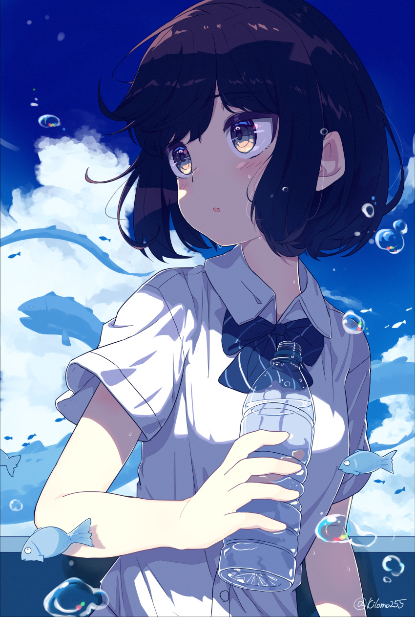 1girl :o absurdres air_bubble bangs black_hair blue_bow blue_bowtie blush bottle bow bowtie breasts bubble collared_shirt fish green_eyes highres holding_bubble kiromo looking_afar looking_to_the_side original shirt short_hair short_sleeves sidelocks small_breasts twitter_username upper_body water_bottle white_shirt