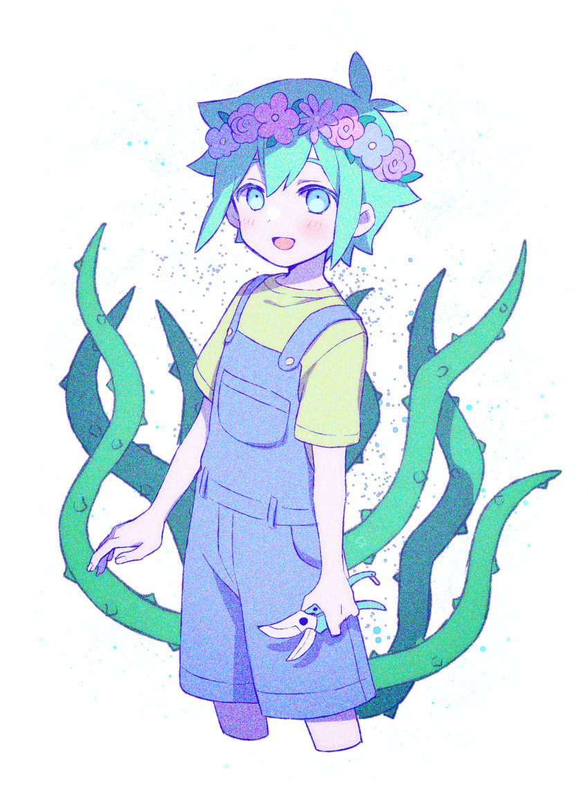 1boy absurdres ahoge aqua_eyes basil_(omori) blush feet_out_of_frame fingernails green_hair hair_between_eyes head_wreath highres holding looking_at_viewer male_child male_focus manimarough omori open_mouth overalls plant shears short_hair short_sleeves shorts sidelocks smile solo vines white_background