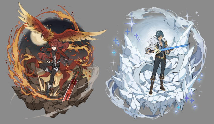 2boys animal bangs bird blue_hair boots closed_mouth coat commentary dark-skinned_male dark_skin diluc_(genshin_impact) diluc_(red_dead_of_night)_(genshin_impact) eyepatch fire genshin_impact gloves greatsword grey_background highres holding holding_sword holding_weapon ice jacket long_hair long_sleeves male_focus multicolored_hair multiple_boys pants papajay_(jennygin2) planted planted_sword ponytail red_coat redhead simple_background sparkle streaked_hair sword symbol-only_commentary very_long_hair weapon