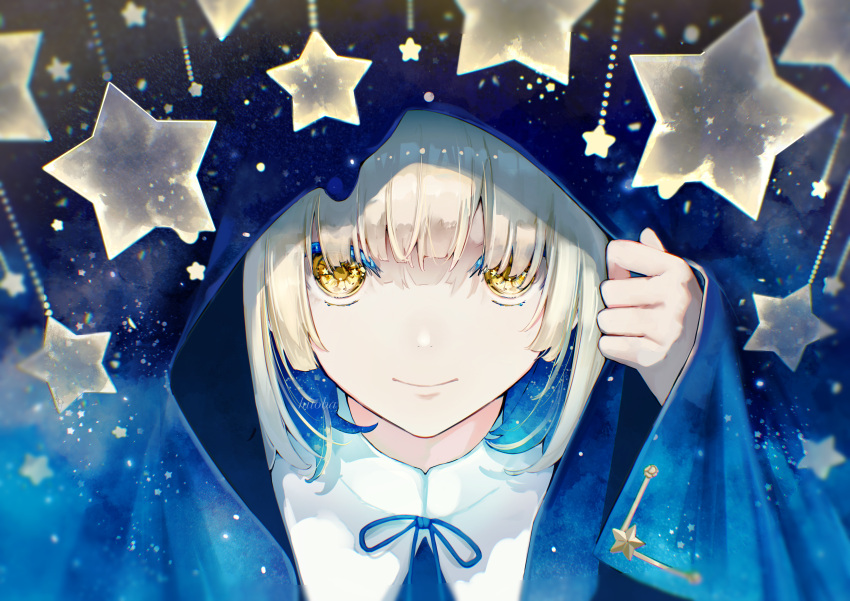1girl absurdres arm_support bangs blonde_hair blue_ribbon blue_theme blunt_bangs cape_hold galaxy hi_to_ba highres light_smile looking_at_viewer medium_hair original ribbon sky solo star_(sky) star_(symbol) starry_sky yellow_eyes