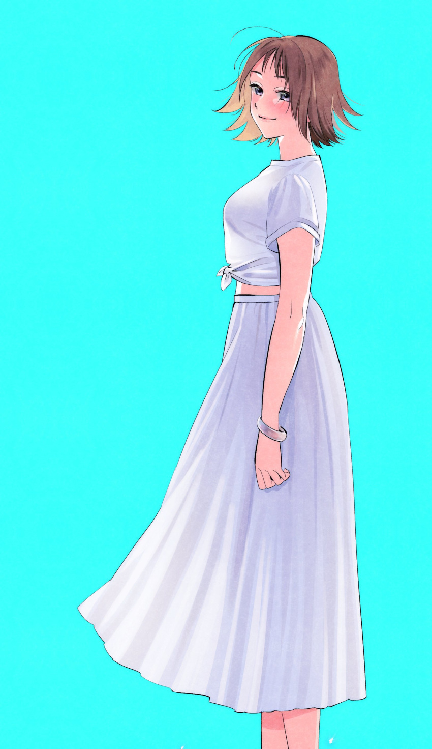 1girl absurdres aqua_background bangle blush bracelet breasts brown_hair commentary_request front-tie_top highres jewelry long_skirt looking_at_viewer medium_breasts original shirt shishanmo short_hair short_sleeves simple_background skirt solo violet_eyes white_shirt white_skirt