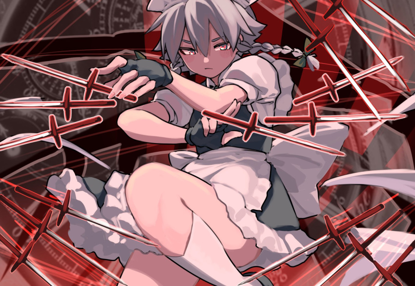 1girl apron back_bow blue_skirt blue_vest bow braid closed_mouth feet_out_of_frame fingerless_gloves frilled_skirt frills gloves grey_hair hair_between_eyes highres izayoi_sakuya kneehighs knife large_bow looking_at_viewer maid_headdress medium_hair puffy_short_sleeves puffy_sleeves red_eyes red_theme shirt short_sleeves skirt skirt_set socks solo touhou tuck twin_braids vest waist_apron white_apron white_bow white_shirt white_socks
