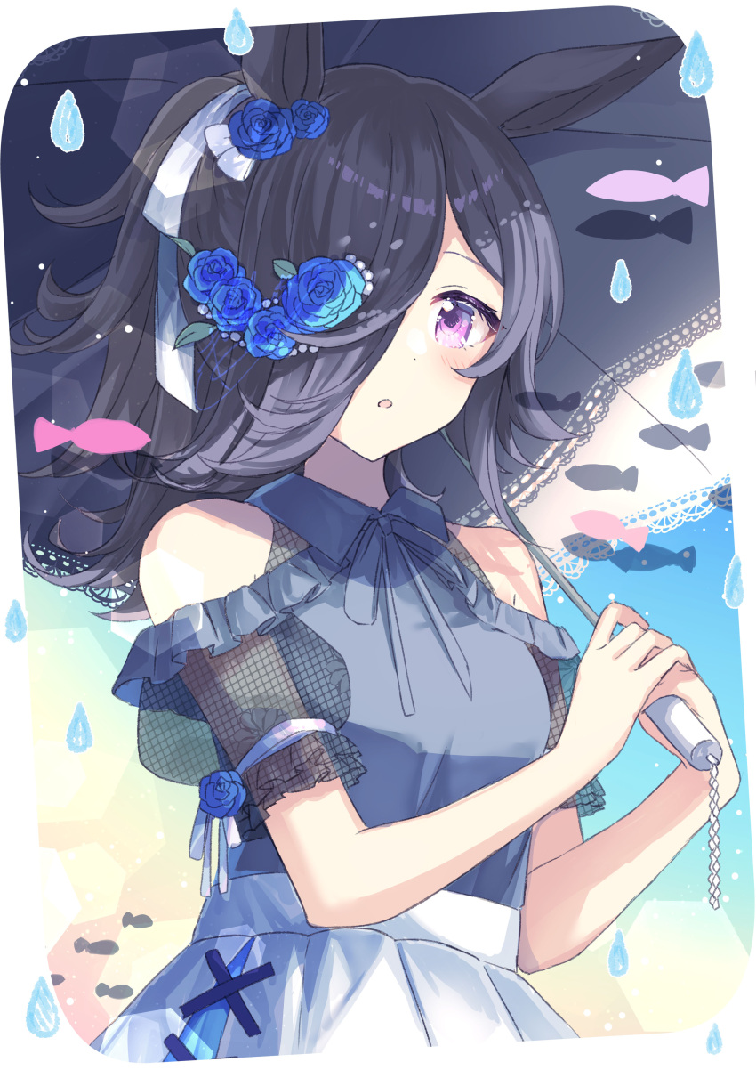 1girl :o absurdres alternate_costume animal_ears bare_shoulders black_hair blue_flower blue_rose blush clothing_cutout flower hair_flower hair_ornament hair_over_one_eye highres holding holding_umbrella horse_ears horse_girl lace_sleeves long_hair looking_at_viewer parasol parted_lips puffy_short_sleeves puffy_sleeves rice_shower_(umamusume) rose shiohari_kanna short_sleeves shoulder_cutout skirt skirt_set solo surprised umamusume umbrella upper_body violet_eyes white_skirt