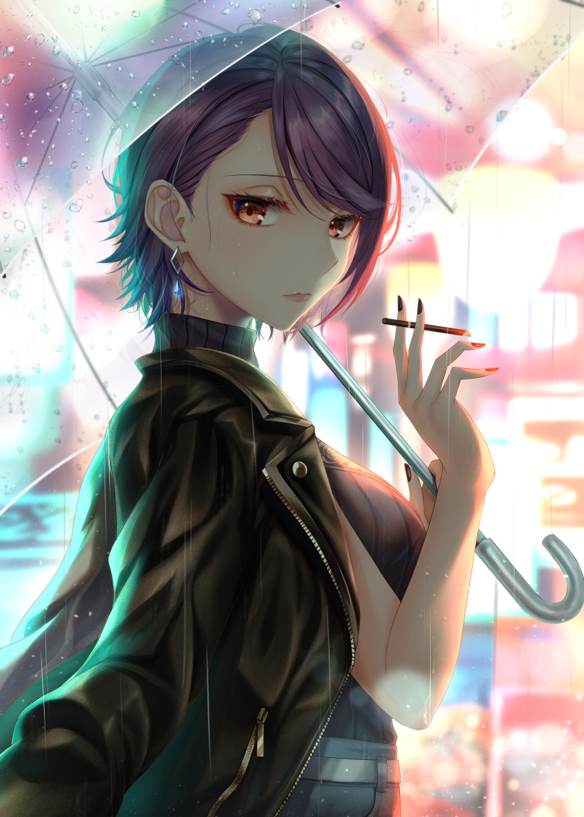 1girl absurdres bangs black_jacket black_nails breasts cigarette closed_mouth commentary_request from_side gundou_mirei highres jacket jacket_on_shoulders large_breasts leather leather_jacket looking_at_viewer looking_to_the_side nail_polish nijisanji outdoors purple_hair rai_(newtype_xm-x1) rain red_eyes shirt_tucked_in short_hair solo transparent transparent_umbrella umbrella virtual_youtuber