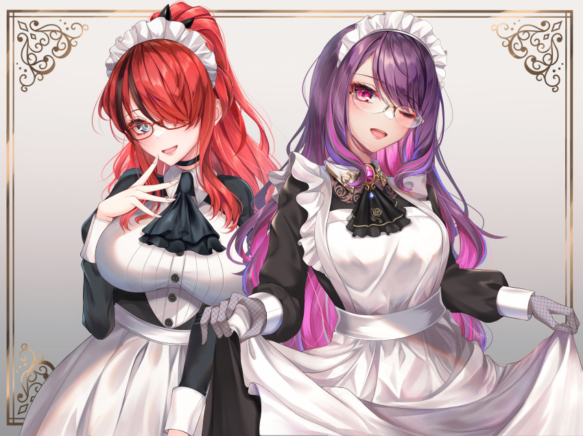 2girls absurdres alternate_costume apron bangs black_choker black_dress blush brooch choker commentary_request dress enmaided frills glasses gloves grey_eyes gundou_mirei hair_over_one_eye hand_up highres jewelry lain_paterson long_hair long_sleeves looking_at_viewer maid maid_headdress multiple_girls nijisanji one_eye_closed one_eye_covered parted_lips purple_hair rai_(newtype_xm-x1) redhead smile violet_eyes virtual_youtuber white_apron white_headwear