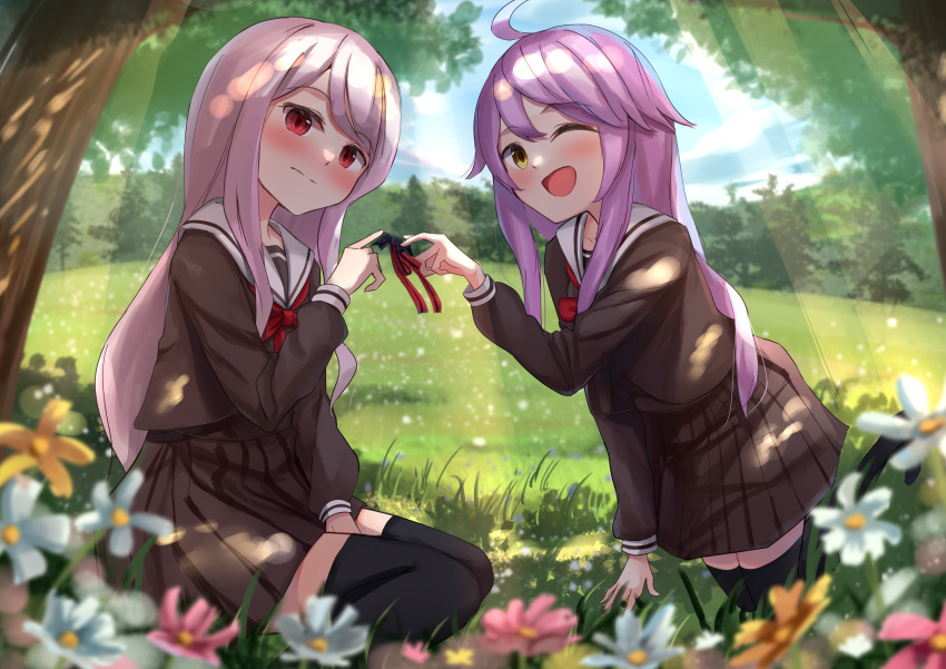 2girls ;d absurdres ahoge akinakesu-chan black_serafuku black_shirt black_skirt blue_sky blurry blurry_foreground blush closed_mouth clouds commentary_request commission day depth_of_field english_commentary flower grey_hair highres holding long_hair long_sleeves multiple_girls on_grass one_eye_closed original outdoors pink_flower pleated_skirt purple_hair red_eyes romaji_commentary sailor_collar school_uniform serafuku shirt skirt sky smile tree very_long_hair white_flower white_sailor_collar yellow_eyes yellow_flower