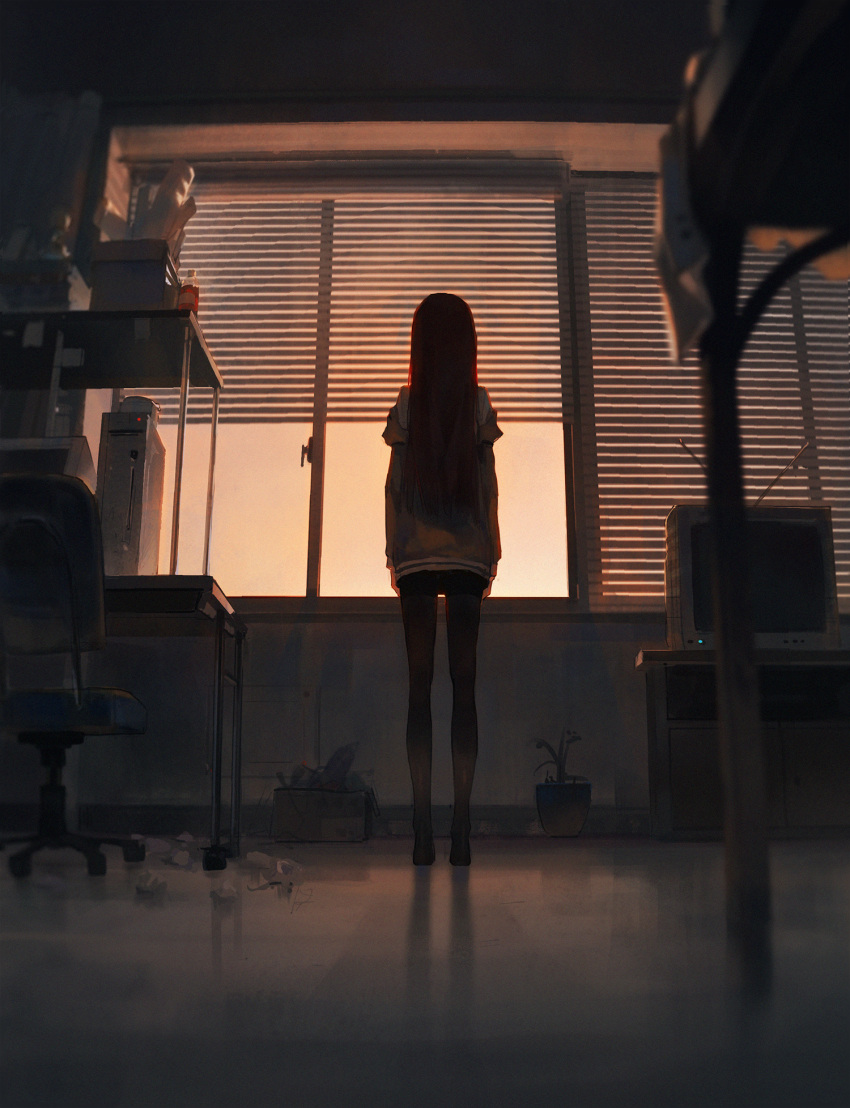 1girl black_footwear blinds box chair computer computer_tower desk dino_(dinoartforame) from_behind from_below highres long_hair makise_kurisu monitor off_shoulder office_chair pantyhose paper_roll plant steins;gate sticky_note television window