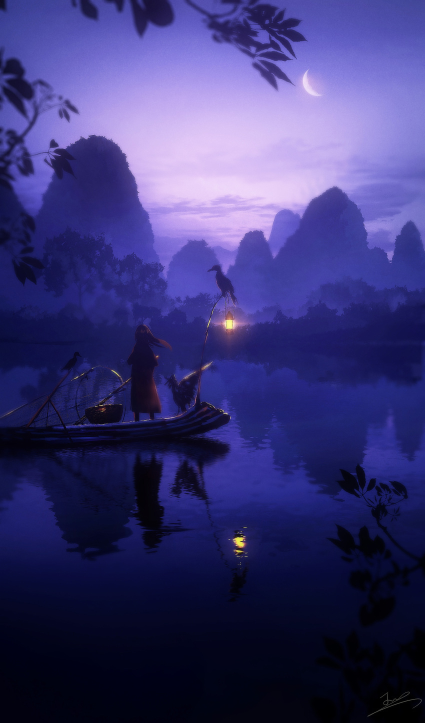 1girl absurdres animal bird boat branch clouds dark dress fantasy highres lamp leaf light long_dress moon mountain mountainous_horizon night night_sky ocean original reflection reflective_water scenery sky skyrick9413 star_(sky) starry_sky water watercraft