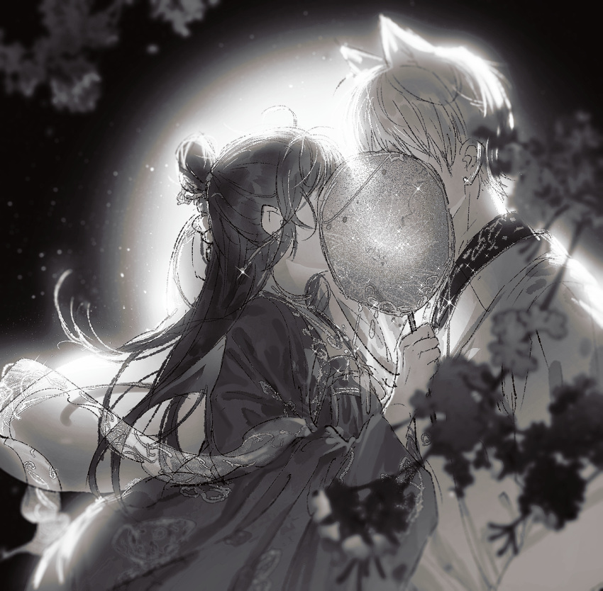 1boy 1girl animal_ears bangs branch covered_face covering_face earrings floating_hair fox_ears from_side glint greyscale hair_bun hair_ornament half_updo hand_fan hand_up haori hetero holding holding_fan implied_kiss japanese_clothes jewelry kimono light_and_night_love light_particles long_hair monochrome moonlight night night_sky outdoors protagonist_(light_and_night_love) qi_sili searmy shawl short_hair single_hair_bun sky sparkle upper_body wide_sleeves