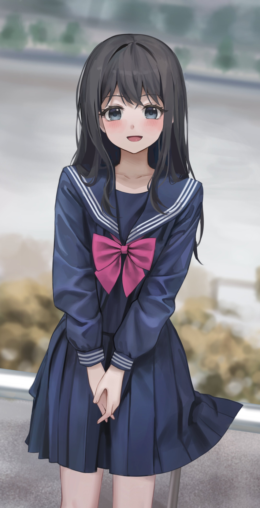 1girl :d absurdres bangs black_eyes black_hair black_sailor_collar black_serafuku blurry blurry_background blush bow bowtie commentary cowboy_shot day english_commentary highres long_sleeves looking_at_viewer original outdoors own_hands_together photo-referenced pleated_skirt pul_(gks569) red_bow red_bowtie sailor_collar school_uniform serafuku sidelocks skirt smile solo standing