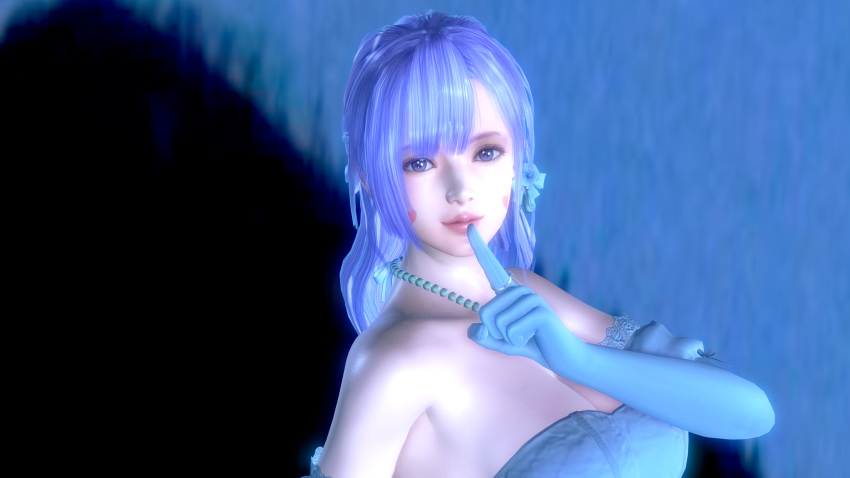 1girl 3d absurdres arthuromanko blue_gloves blush blush_stickers collar dead_or_alive finger_to_mouth fiona_(doa) gloves highres lipgloss lipstick long_hair looking_at_viewer makeup pink_lips purple_hair ribbon solo violet_eyes