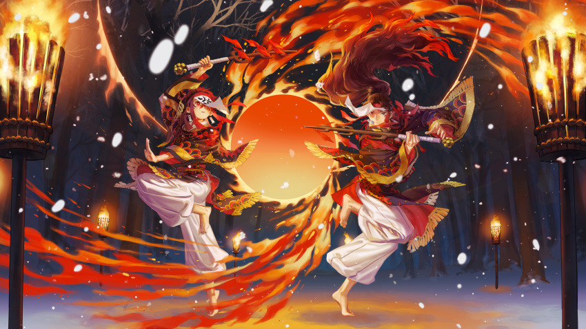 2boys absurdres alternate_universe arm_up bare_tree barefoot black_robe dancing earrings fire forest fringe_trim hakama highres holding japanese_clothes jewelry kamado_tanjirou kimetsu_no_yaiba long_sleeves looking_at_viewer looking_away looking_to_the_side looking_up male_focus mask_lift motion_blur multiple_boys nature night one_eye_covered outdoors outstretched_arm pants pyrokinesis qu4ntums0d4 red_eyes red_ribbon red_robe redhead ribbon robe scar scar_on_face scar_on_forehead short_hair snow snowing standing standing_on_one_leg sun surreal torch tree tsugikuni_yoriichi white_hakama white_pants winter
