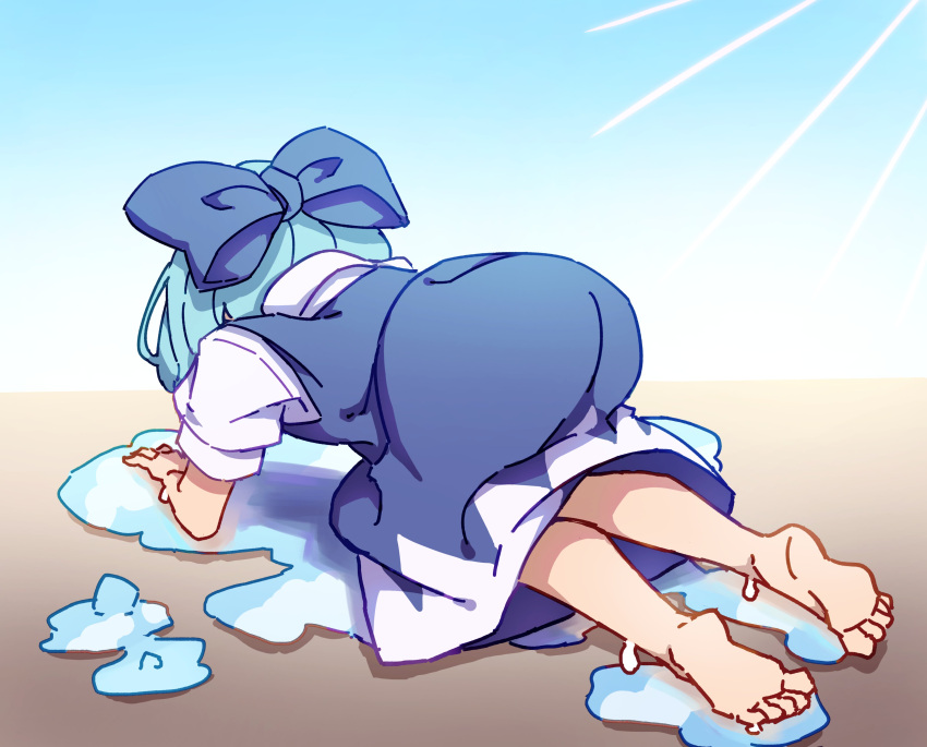 1girl absurdres barefoot blue_dress blue_hair cirno dress highres kame_(kamepan44231) melting puddle puffy_short_sleeves puffy_sleeves short_hair short_sleeves simple_background solo touhou white_background