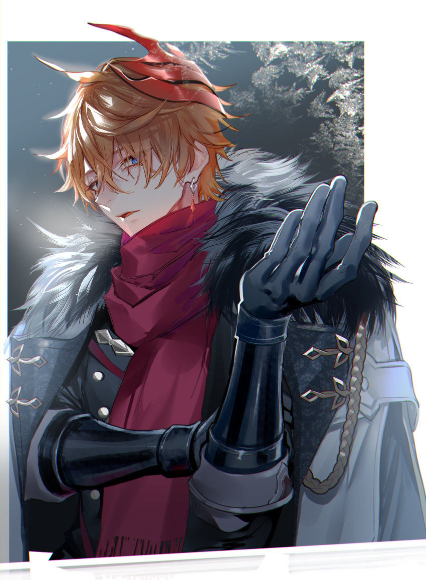 1boy absurdres bangs black_gloves blue_eyes coat commentary_request earrings fur-trimmed_coat fur_trim genshin_impact gloves hair_between_eyes highres jewelry looking_at_viewer male_focus mask mask_on_head orange_hair parted_lips pottsness red_mask red_scarf scarf simple_background single_earring solo tartaglia_(genshin_impact) upper_body white_coat