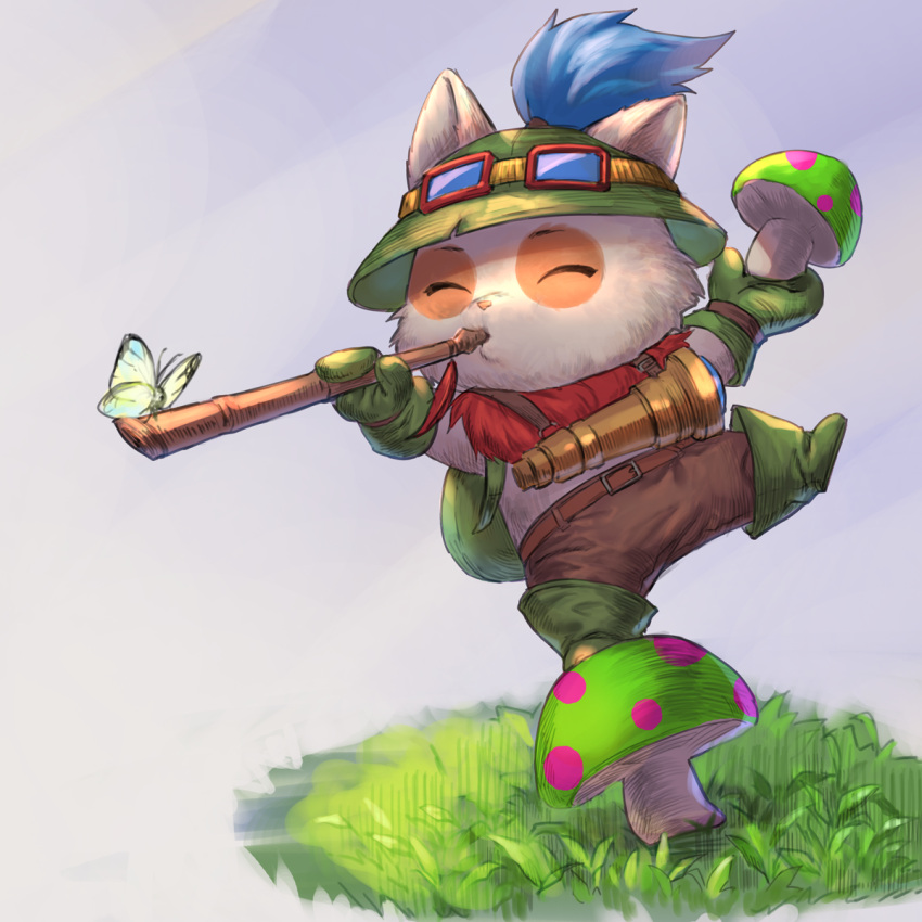 1boy ascot backpack bag blowing brown_pants bug butterfly closed_eyes closed_mouth commentary_request feathers furry furry_male gloves grass green_footwear green_gloves hat highres holding league_of_legends male_focus mushroom nyaamen_fork pants red_ascot scout_uniform shadow solo standing standing_on_one_leg teemo telescope