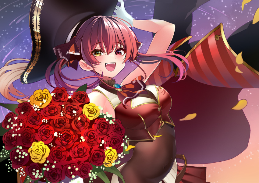 1girl ascot blush breasts coat covered_navel crop_top hair_ribbon hat heterochromia hololive houshou_marine long_hair looking_at_viewer medium_breasts open_mouth pirate_hat pleated_skirt red_eyes red_ribbon red_shirt red_skirt redhead ribbon shirt skirt sleeveless sleeveless_shirt solo twintails virtual_youtuber yellow_eyes yoshioka_pochi