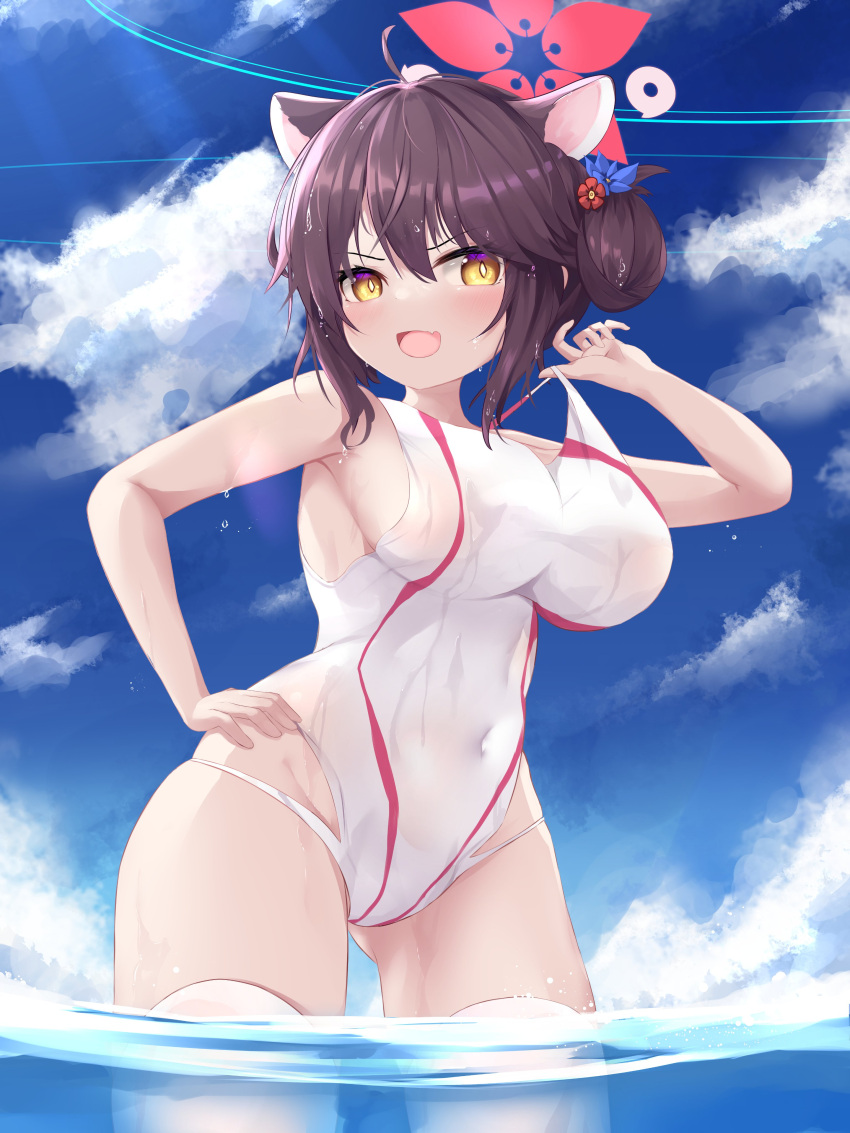 1girl absurdres ahoge animal_ears blue_archive breasts brown_hair fang flower hair_flower hair_ornament halo highres kaede_(blue_archive) large_breasts nekodama2000 ocean one-piece_swimsuit open_mouth oppai_loli skin_fang smile solo swimsuit thigh-highs wide_hips yellow_eyes