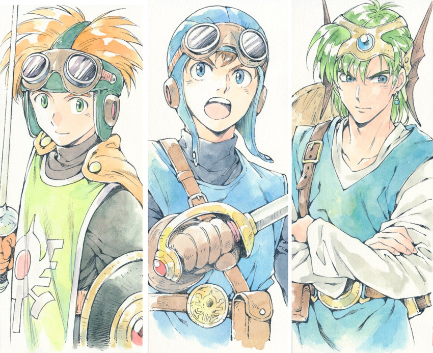 3boys agahari blonde_hair blue_eyes brown_hair cape circlet closed_mouth dragon_quest dragon_quest_ii dragon_quest_iv earrings gloves goggles goggles_on_head goggles_on_headwear green_hair hero_(dq4) jewelry multiple_boys open_mouth prince_of_lorasia prince_of_samantoria simple_background spiky_hair sword weapon white_background